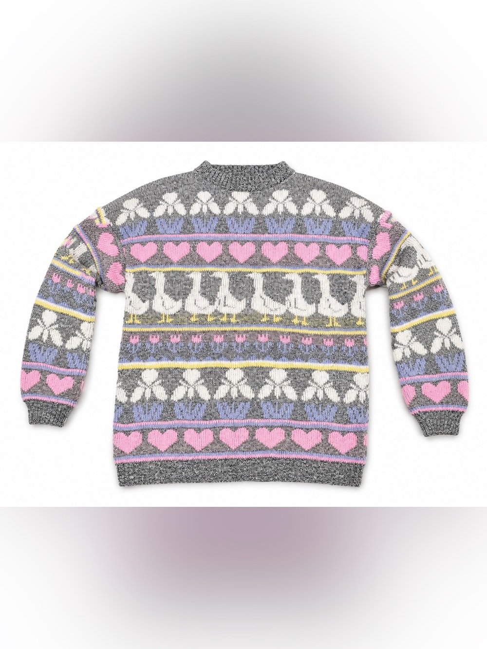 Vintage Nan Dorsey Gray Fair Isle Heart Bird Knit Sweater USA Women’s Medium